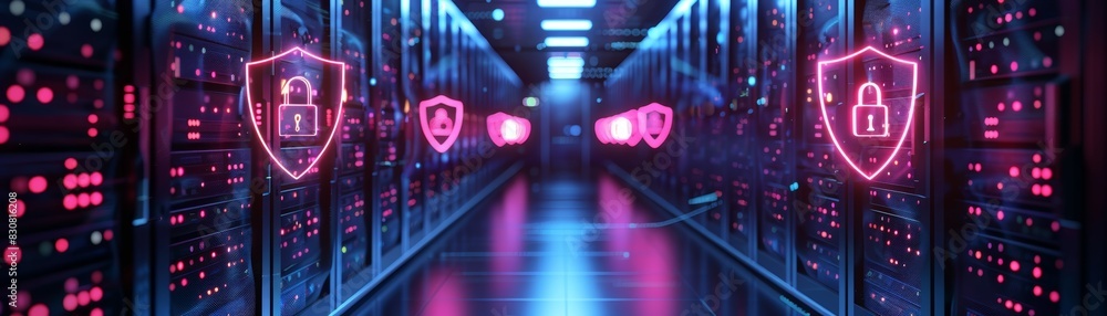Poster modern data center servers with cybersecurity icons and neon lights. concept of secure digital infra