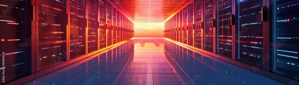 Poster futuristic data center hallway with servers on both sides illuminated by a vibrant glow, representin