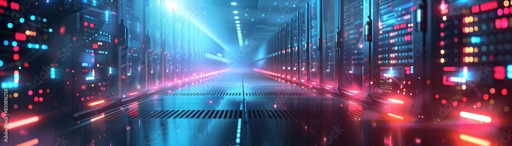 Poster futuristic data center hallway with vibrant neon lights and rows of servers, showcasing advanced tec