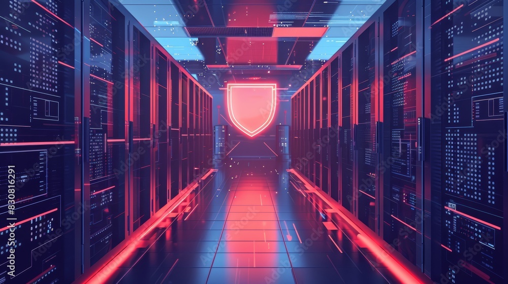 Poster futuristic data center server room with a focus on cybersecurity. neon lights highlight the advanced