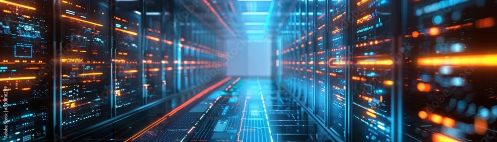 Poster futuristic data center with colorful, illuminated server racks showcasing advanced technology and ne