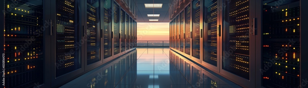 Poster sunset view inside a modern data center with server racks on both sides, showcasing advanced technol