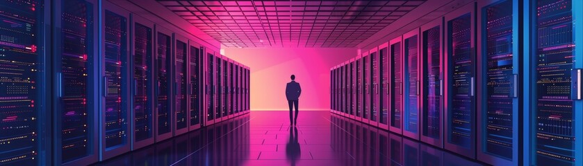 Silhouette of a person in a vibrant, neon-lit data center with servers on both sides, symbolizing advanced technology and futuristic computing.