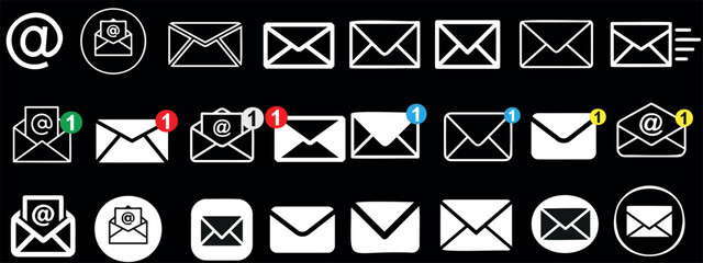Email icon set with envelopes, notifications, and mail vector symbols. Ideal for communication, messaging apps, websites, and graphic designs