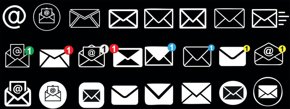 Email icon set with envelopes, notifications, and mail vector symbols. Ideal for communication, messaging apps, websites, and graphic designs