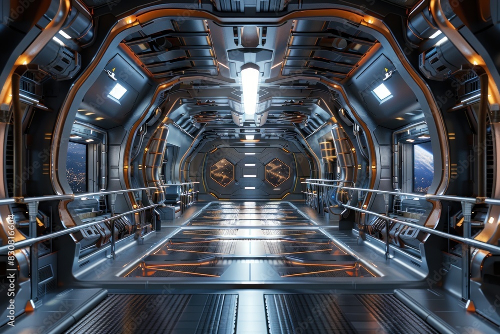Poster a futuristic space station with a large open area and a view of the stars