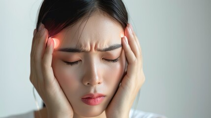 Fototapeta premium Young woman experiencing a headache, holding her temples with her hands, expressing discomfort and pain, indoors with neutral background.
