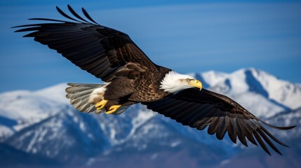 Majestic Bald Eagle Soaring in Clear Blue Sky with Snowy Mountain Background
