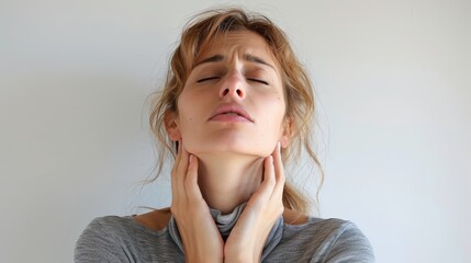 Woman with closed eyes holding her neck, expressing discomfort or pain. Concept of health issues related to stress, tension, or neck pain.