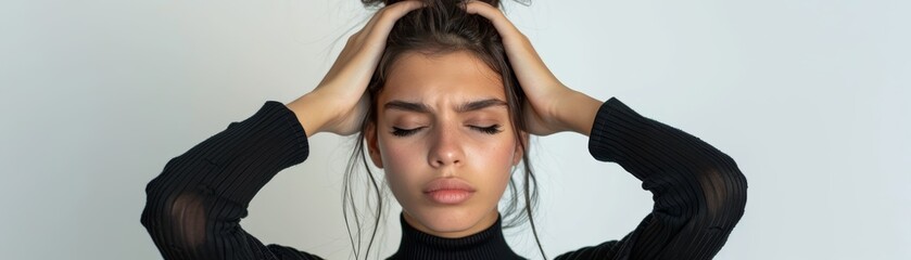 Fototapeta premium Young woman with closed eyes and hands on head, appearing stressed or frustrated, wearing black top against neutral background.