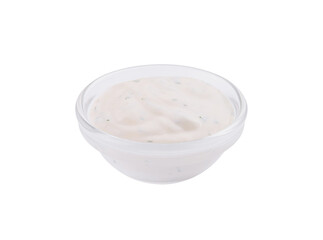 Creamy ranch dressing in clear bowl isolated on white