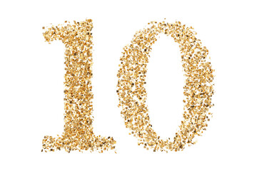 Gold Golden Glitter Glitters, Number 10 Ten. Isolated on White Background and Transparent PNG.
