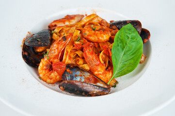 Seafood pasta delight on white plate