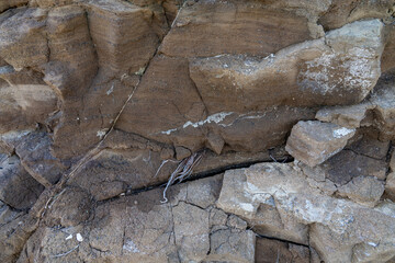 Caliche with Tuff, Tuff is a type of rock made of volcanic ash ejected from a vent during a volcanic eruption.  Oahu Hawaii geogoly. Diamond Head Crater, Honolulu Volcanics, calcium carbonate;