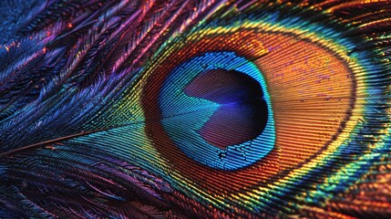 A close-up of a vibrant peacock feather with its stunning iridescent colors.