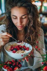 beautiful woman eating morning breakfast in a cafe. Larger fruit smoothie with berries and oatmeal. raw vegan nutrition. 