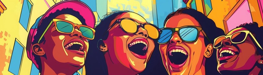 Happy Friends in Sunglasses, illustrations, vacation time ,summer season.