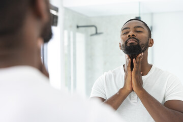 African American man checking his beard in bathroom mirror