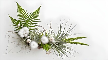 fern-cotton-leaf-flower-air-plant-arrangement-on-white-background
