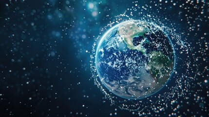 Obraz premium Planet Earth, seamlessly integrated into a futuristic data hologram screen against a dark blue background, creating a high-tech digital interface that showcases the world's geography from space.