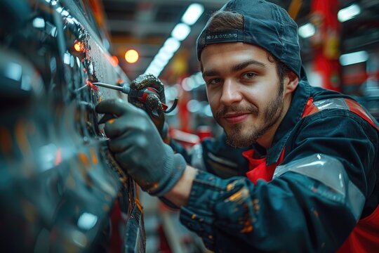A mechanic works on a car in a garage, looking directly at the camera with a smile.