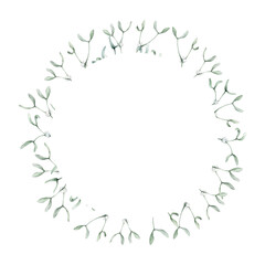 Christmas round frame watercolor with white mistletoe isolated on white background. Hand painted plant illustration for winter holidays design. New years wreath with berry branch with green leaf.