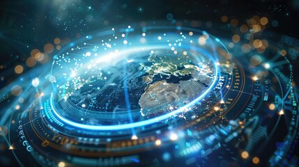 Planet Earth, seamlessly integrated into a futuristic data hologram screen against a dark blue background, creating a high-tech digital interface that showcases the world's geography from space.