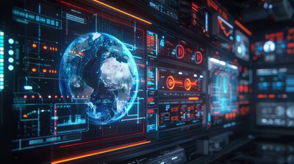 Planet Earth, seamlessly integrated into a futuristic data hologram screen against a dark blue background, creating a high-tech digital interface that showcases the world's geography from space.