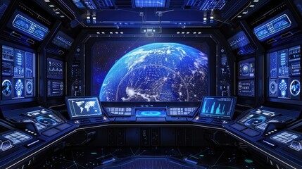 Planet Earth, seamlessly integrated into a futuristic data hologram screen against a dark blue background, creating a high-tech digital interface that showcases the world's geography from space.