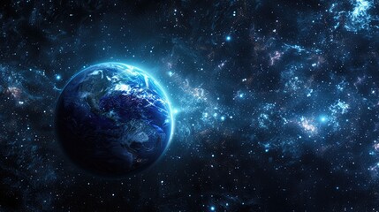 Planet Earth, seamlessly integrated into a futuristic data hologram screen against a dark blue background, creating a high-tech digital interface that showcases the world's geography from space.