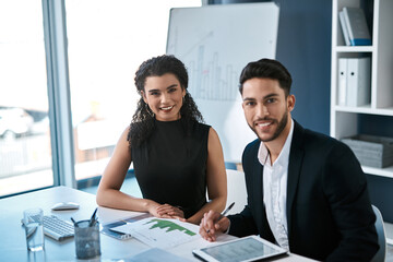 Business people, portrait and tablet with documents in meeting for company growth, solution and teamwork. Happy, woman and man with graph in office for sales review, brainstorming and kpi planning