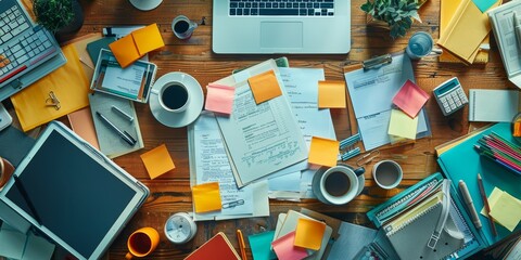 Cluttered desk with various office supplies, coffee cups, and sticky notes, overhead perspective, highquality image, busy and detailed, perfect for office visuals
