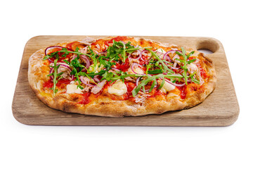 Fresh gourmet pizza with arugula on wooden board