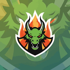 Create a university logo that combines a fierce dragon head and fiery flames