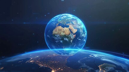 Fototapeta premium Planet Earth, seamlessly integrated into a futuristic data hologram screen against a dark blue background, creating a high-tech digital interface that showcases the world's geography from space.