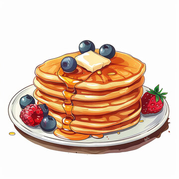 recommend clip art: Pancakes with syrup and butter on top and berries from the side Clipart, isolated on a white background, painting with colored pencil, hand-drawn minimal style vector, white background