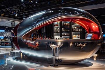 A silver and red bar with a neon sign on the wall