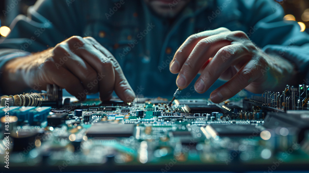 Aufkleber a man is working on a computer chip. concept of precision and focus as the man carefully handles the