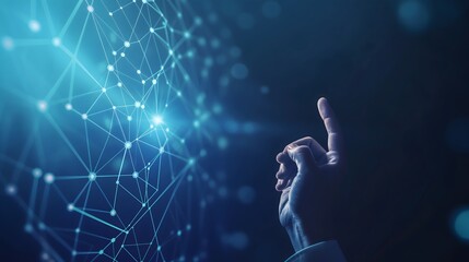 A hand pointing at a blue background with a lot of lines. The image is abstract and has a futuristic feel to it