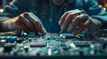 A man is working on a computer chip. Concept of precision and focus as the man carefully handles the delicate electronic components. The scene suggests that the man is a skilled technician or engineer