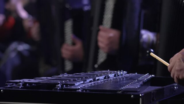 Musician playing xylophone in orchestra. Man performing hit drumsticks on percussion instrument during event. Fun music concert. Jazz club performance. Male player beat keyboard with musical mallets.
