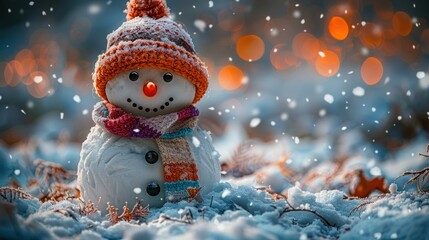 Snowman decorated with hat and red scarf under falling snow at night