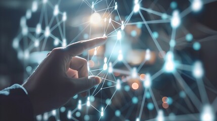 A hand is pointing at a network of people. Concept of interconnectedness and the importance of relationships. showing activity of Artificial Intelligence   pointing towards a network in modern era 