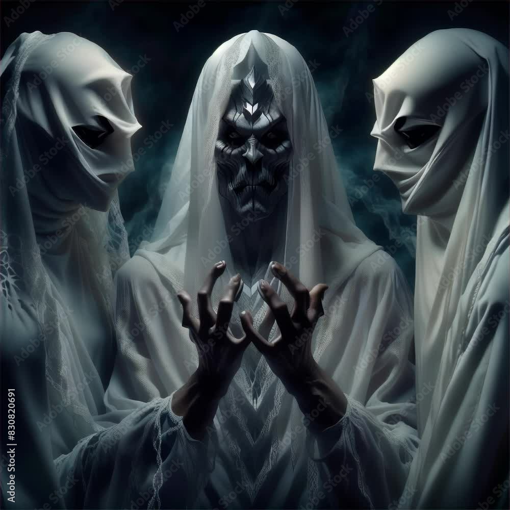 Poster three eerie figures in white cloaks and masks stand in a dark, ominous setting, creating a sense of 