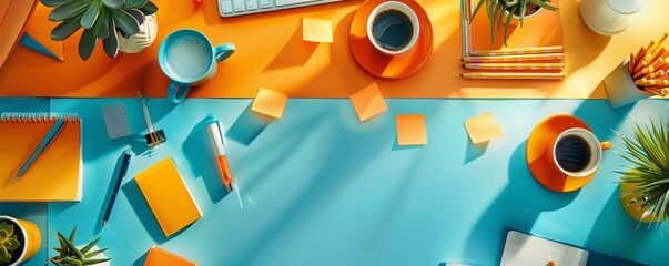 Cluttered desk with sticky notes, coffee cups, and office supplies, overhead perspective, busy workspace, highresolution image, detailed and vibrant, ideal for office scenes