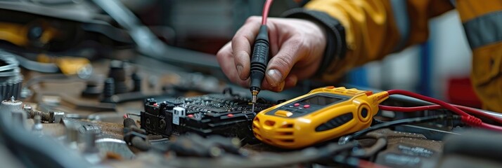 Close-up of a mechanic working on electrical wires.