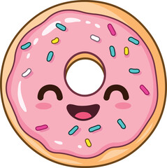 Happy kawaii donut with pink glazing and colorful sprinkles in a kawaii style