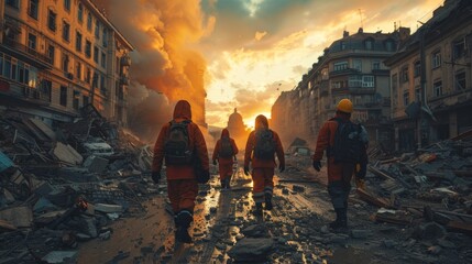 Dramatic image of firefighters walking towards danger in a city wrecked by a disaster during sunset, conveying heroism and bravery