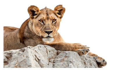 Obraz premium Lioness sitting on a rock isolated on a transparent background, PNG, Ai