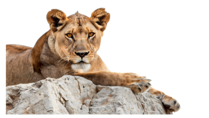 Lioness sitting on a rock isolated on a transparent background, PNG, Ai